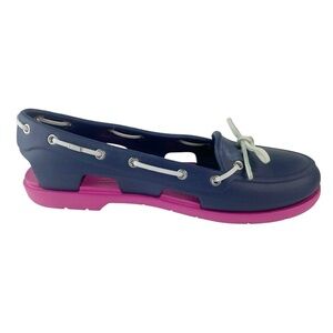 Crocs Womens Boat Shoes Size 9 Beach Line Navy Blue Pink Comfort Loafers *Read